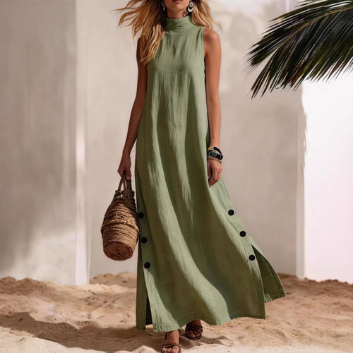 Casual Solid-Colored Cotton-Linen Sleeveless Mid-Length Dress With Side Slits