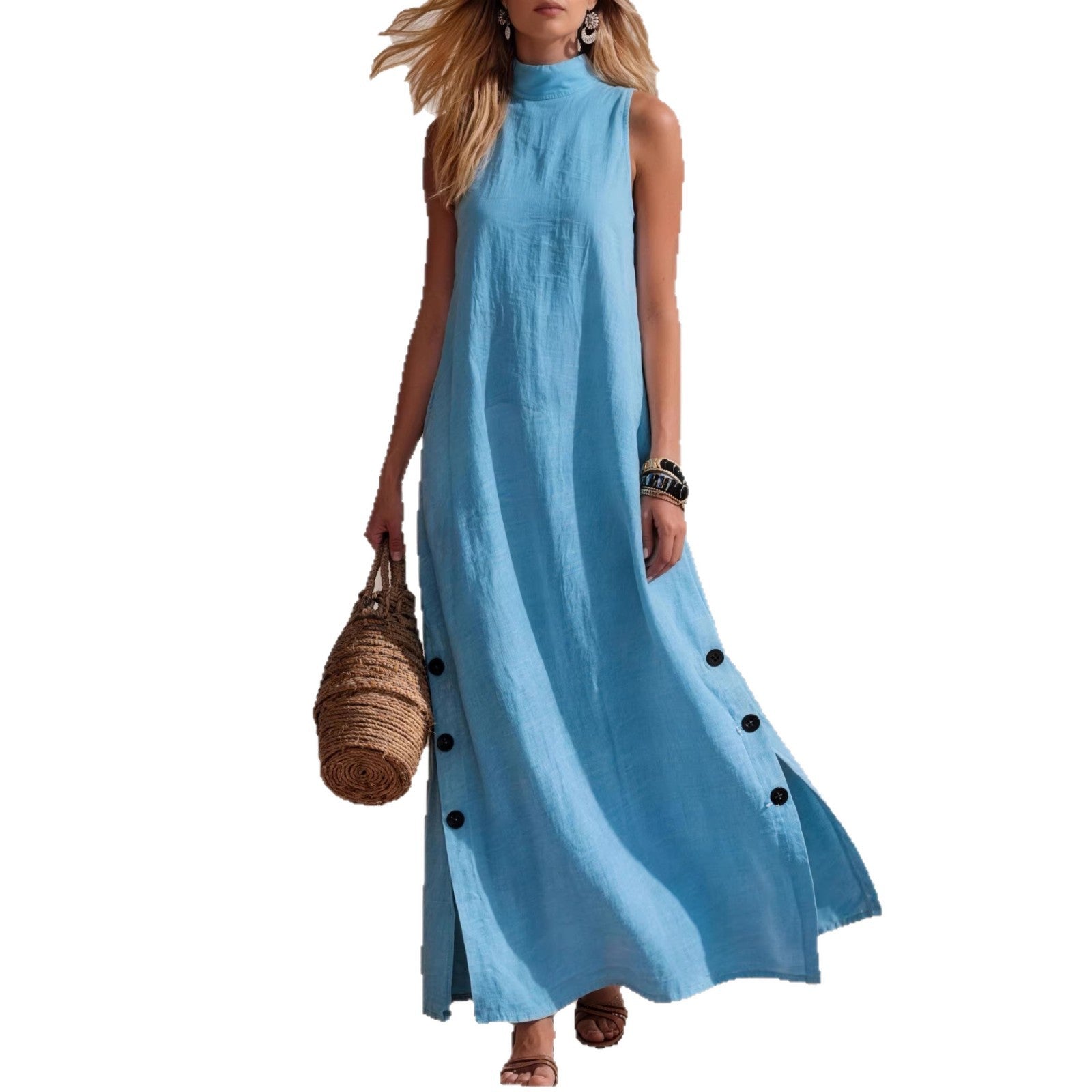 Casual Solid-Colored Cotton-Linen Sleeveless Mid-Length Dress With Side Slits