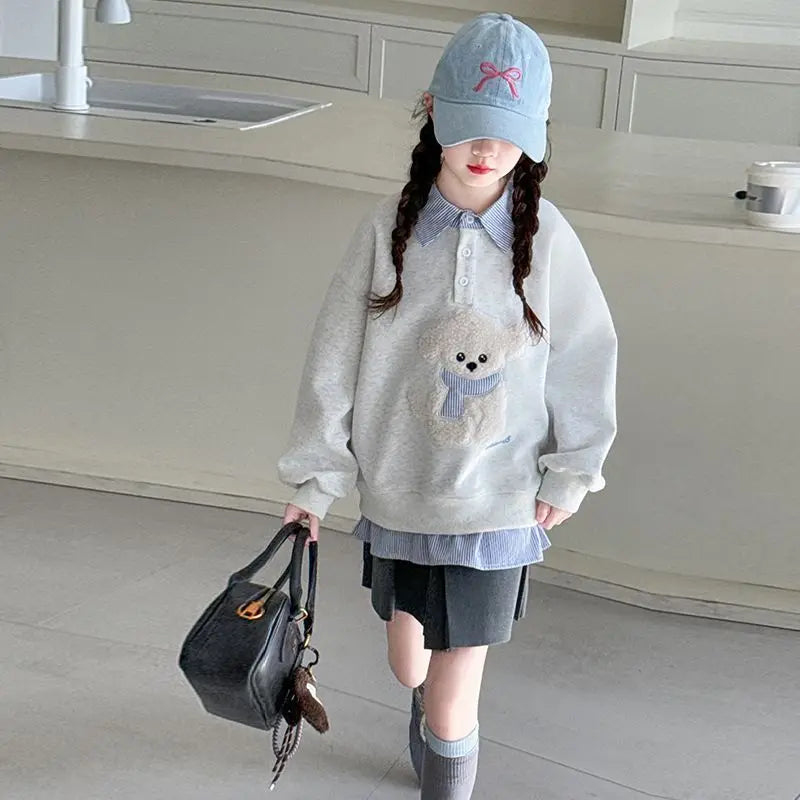 Sweatshirt Girls' 2025 New Faux Two-Piece Polo Hoodie Spring/Autumn Kids Medium-Large Loose Fit Cartoon Puppy Top