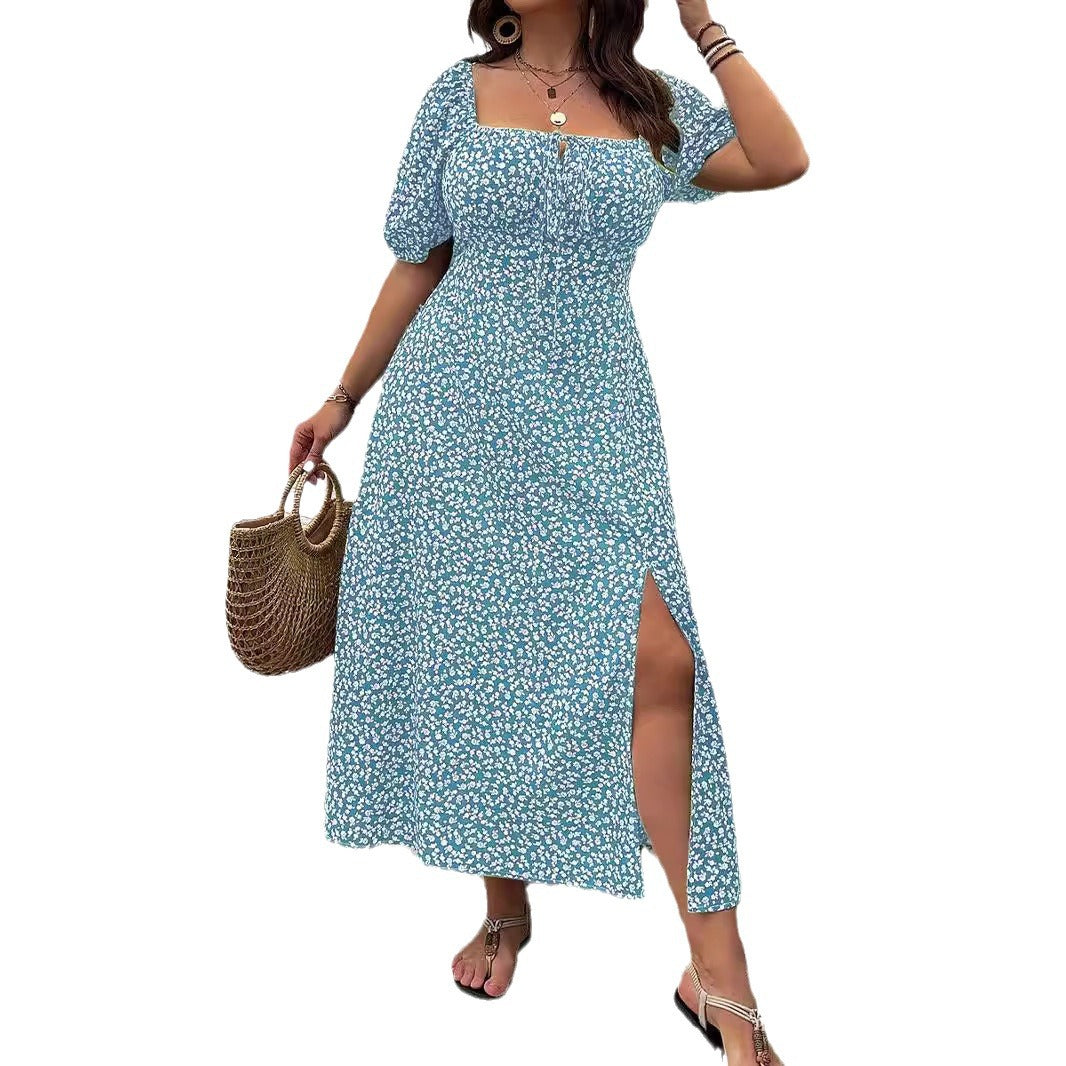 Square Collar Floral Dress Women